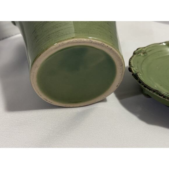 Ceramic Green Planter Round w/ decorative footed plate, French Country, Shabby - Picture 7 of 10
